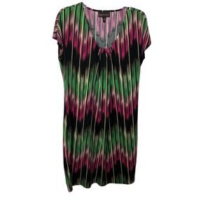 DANA BUCHMAN MIDI SCOOP NECK TUNIC DRESS, WOMENS, M, MULTICOLOR ABSTRACT DESIGN